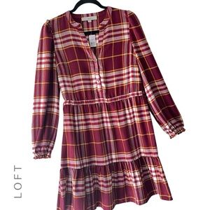 NWT | LOFT PLAID SIDE TIE RUFFLE HEM DRESS LONG SLEEVES BURGUNDY WHITE EXTRA SM